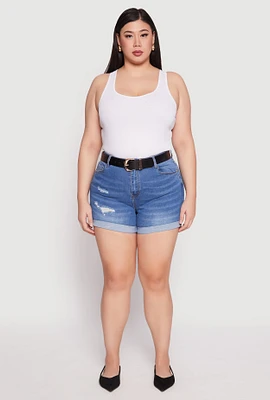 Womens Plus Size WAX Whiskered Distressed Denim Shorts, Blue, Size 2X