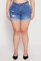 Womens Plus Size WAX Whiskered Distressed Denim Shorts, Blue, Size 2X