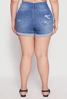 Womens Plus Size WAX Whiskered Distressed Denim Shorts, Blue, Size 2X