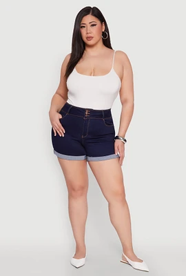 Womens Plus WAX Cuffed High Waisted Shorts, Blue,