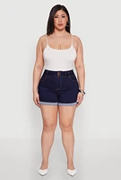 Womens Plus WAX Cuffed High Waisted Shorts, Blue,