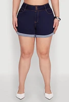 Womens Plus WAX Cuffed High Waisted Shorts, Blue,