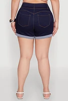 Womens Plus WAX Cuffed High Waisted Shorts, Blue,