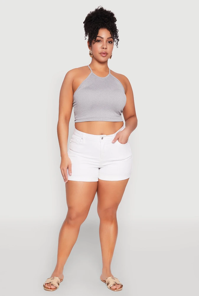 Womens Plus Size WAX Fixed Cuff Denim Shorts, White, Size 3X