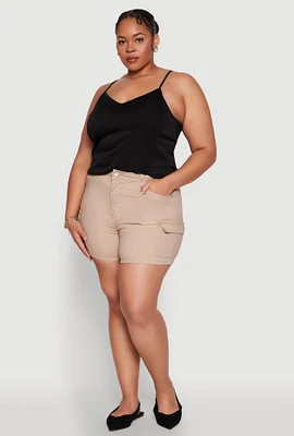 Womens Plus WAX High Waisted Cargo Shorts, Beige,
