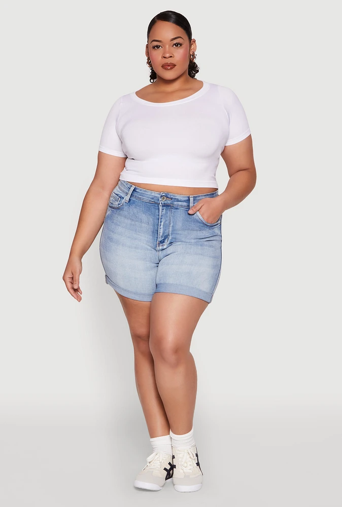 Womens Plus WAX High Waisted Whiskered Denim Shorts, Blue,