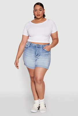 Womens Plus WAX High Waisted Whiskered Denim Shorts, Blue,