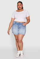 Womens Plus WAX High Waisted Whiskered Denim Shorts, Blue,