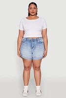 Womens Plus WAX High Waisted Whiskered Denim Shorts, Blue,