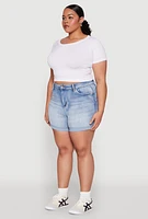 Womens Plus WAX High Waisted Whiskered Denim Shorts, Blue,