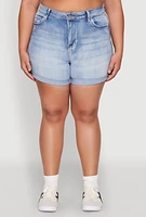 Womens Plus WAX High Waisted Whiskered Denim Shorts, Blue,