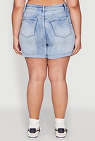 Womens Plus WAX High Waisted Whiskered Denim Shorts, Blue,