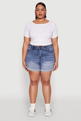 Womens Plus Size WAX High Waisted Whiskered Denim Shorts, Blue, Size 2X