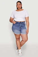 Womens Plus WAX High Waisted Whiskered Denim Shorts, Blue,