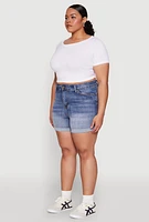 Womens Plus WAX High Waisted Whiskered Denim Shorts, Blue,