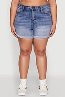 Womens Plus WAX High Waisted Whiskered Denim Shorts, Blue,