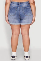 Womens Plus WAX High Waisted Whiskered Denim Shorts, Blue,