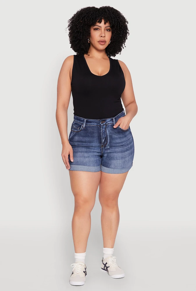 Womens Plus Size WAX High Waisted Whiskered Denim Shorts, Blue, Size 2X