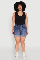 Womens Plus Size WAX High Waisted Whiskered Denim Shorts, Blue, Size 2X