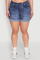 Womens Plus Size WAX High Waisted Whiskered Denim Shorts, Blue, Size 2X