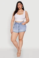 Womens Plus WAX Denim Whiskered Shorts, Blue,