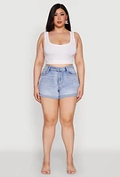 Womens Plus WAX Denim Whiskered Shorts, Blue,