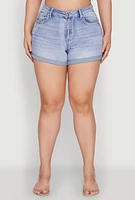 Womens Plus WAX Denim Whiskered Shorts, Blue,