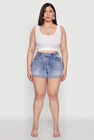 Womens Plus WAX Denim Whiskered Shorts, Blue,