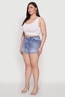 Womens Plus WAX Denim Whiskered Shorts, Blue,