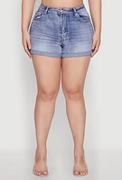 Womens Plus WAX Denim Whiskered Shorts, Blue,