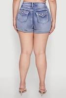 Womens Plus WAX Denim Whiskered Shorts, Blue,