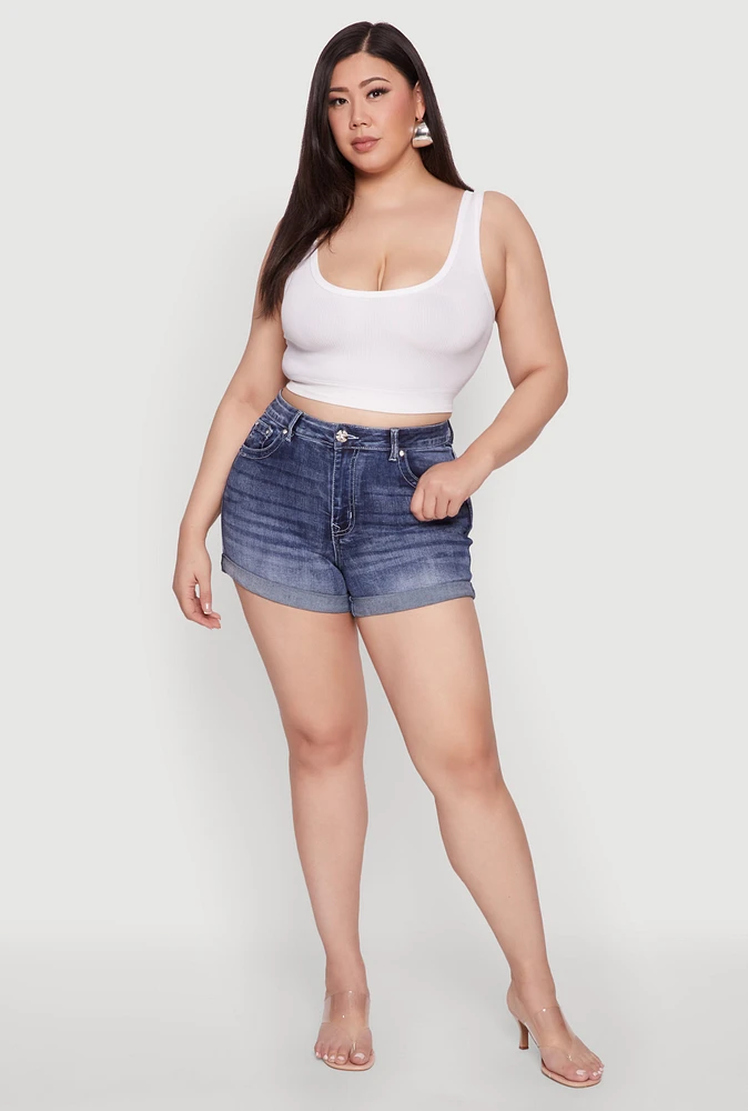 Womens Plus WAX Denim Whiskered Shorts, Blue,