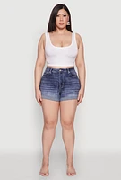 Womens Plus WAX Denim Whiskered Shorts, Blue,