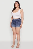 Womens Plus WAX Denim Whiskered Shorts, Blue,