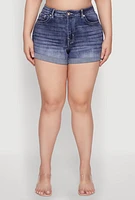 Womens Plus WAX Denim Whiskered Shorts, Blue,
