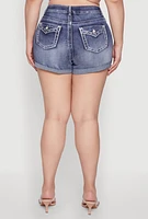 Womens Plus WAX Denim Whiskered Shorts, Blue,