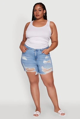Womens Plus WAX Distressed High Waisted Frayed Hem Mom Shorts, Blue,