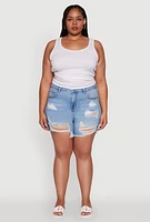 Womens Plus WAX Distressed High Waisted Frayed Hem Mom Shorts, Blue,