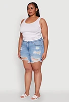 Womens Plus WAX Distressed High Waisted Frayed Hem Mom Shorts, Blue,