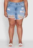 Womens Plus WAX Distressed High Waisted Frayed Hem Mom Shorts, Blue,