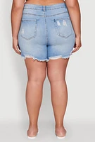 Womens Plus WAX Distressed High Waisted Frayed Hem Mom Shorts, Blue,