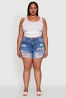 Womens Plus WAX Distressed High Waisted Frayed Hem Mom Shorts, Blue,