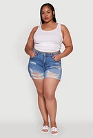 Womens Plus WAX Distressed High Waisted Frayed Hem Mom Shorts, Blue,