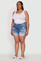 Womens Plus WAX Distressed High Waisted Frayed Hem Mom Shorts, Blue,