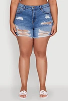 Womens Plus WAX Distressed High Waisted Frayed Hem Mom Shorts, Blue,