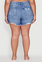 Womens Plus WAX Distressed High Waisted Frayed Hem Mom Shorts, Blue,