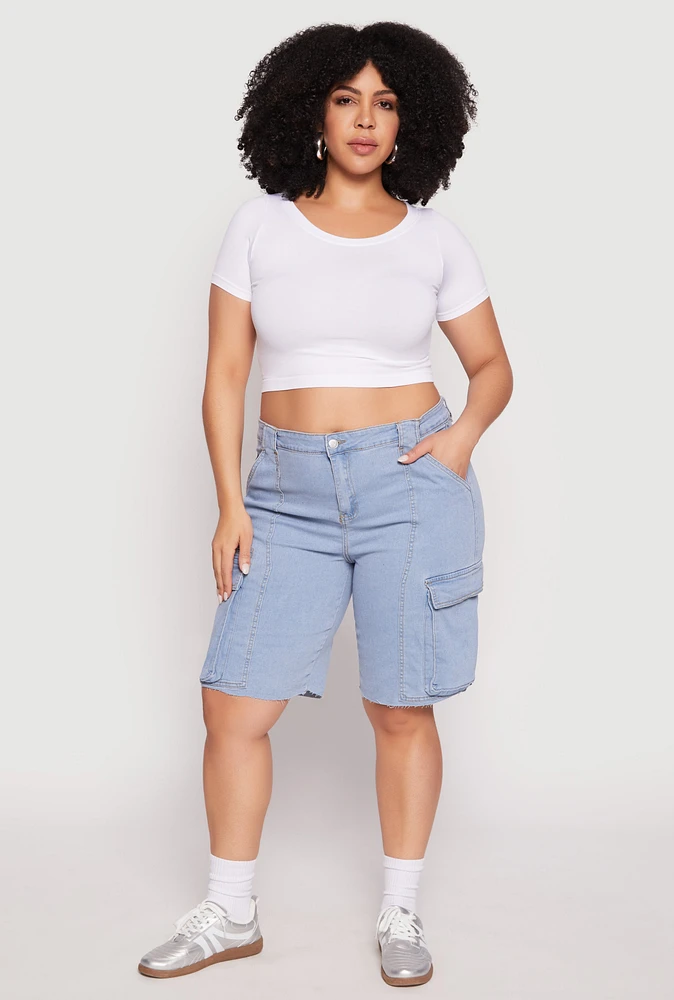 Womens Plus Denim Cargo Skater Shorts, Blue,