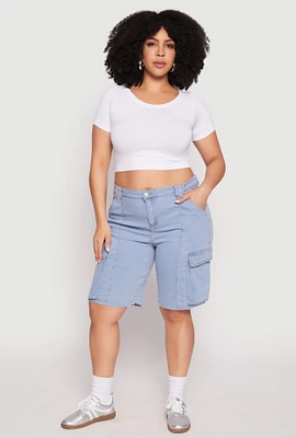 Womens Plus Denim Cargo Skater Shorts, Blue,