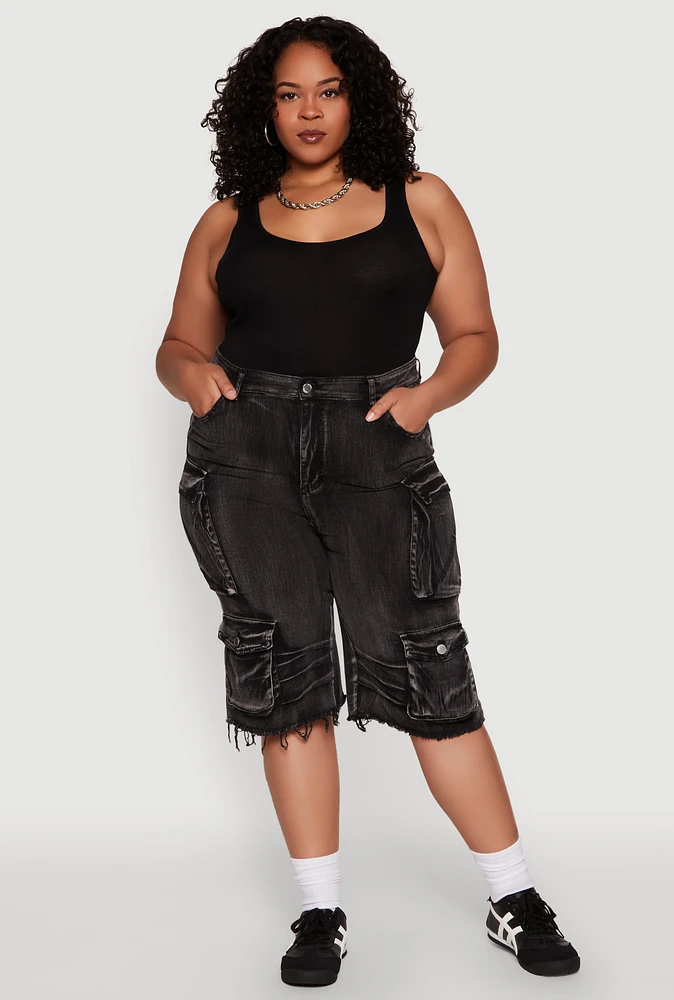 Womens Plus Daisy Frayed Hem Denim Cargo Shorts,
