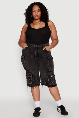 Womens Plus Daisy Frayed Hem Denim Cargo Shorts,
